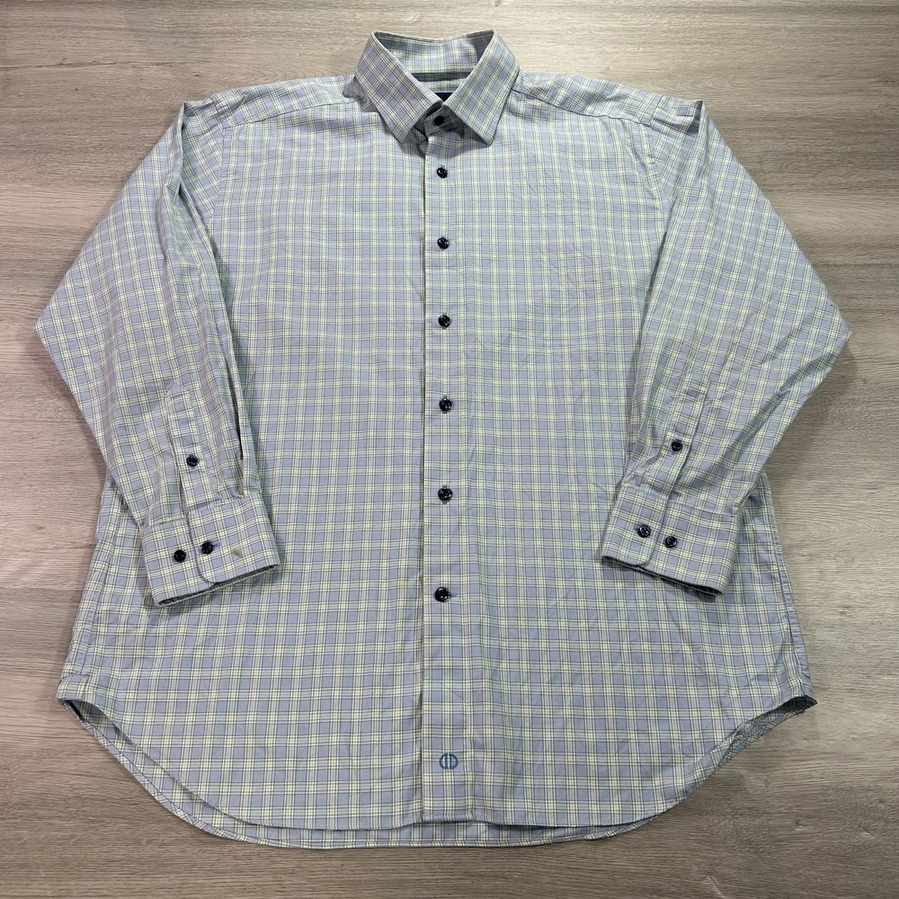 David Donahue Shirt Mens 16.5 32/33 Blue Green Plaid Long Sleeve Button Front